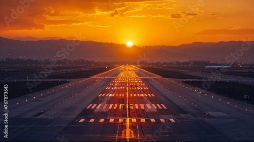 This image showcases an airplane taxiing on a glowing airstrip during sunset, with an impressive mountain range and a hazy sky adding depth to the scenery