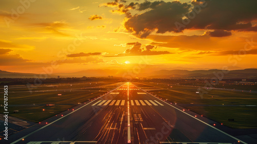 The image depicts an airport's runway bathed in the golden light of the setting sun, with glowing lights and a warm sky inviting viewers to embark