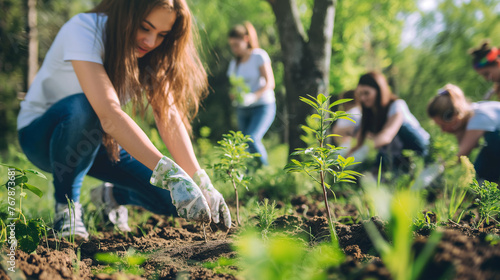 a group of people in a cheerful atmosphere on a beautiful sunny day in the park plant young trees with their hands on loose soil, a green planet is the key to the future photo