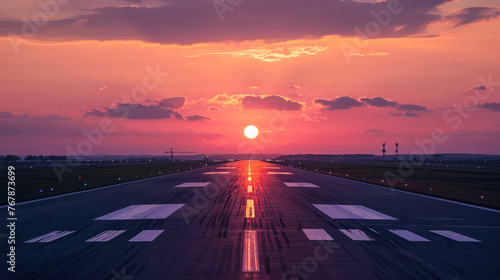 Serene sunset with pink and purple tones over a tarmac, signifying the pause before the bustle of travel