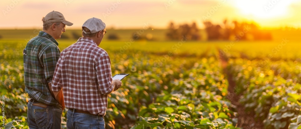 An evening soy crop is being examined by two farmers in a field. - obrazy, fototapety, plakaty 