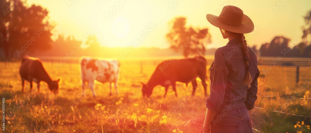 In the evening, a female farmer feeds cows in the field - obrazy, fototapety, plakaty 