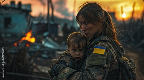 Double exposure of Ukrainian soldier hug little child with city in ruins © Oleksandr Kozak
