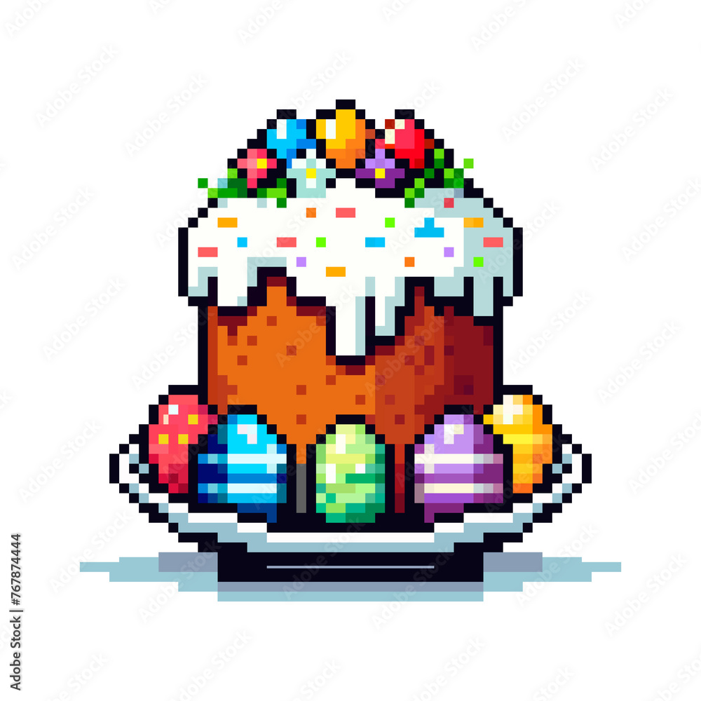 pixel icon with Easter cake on a large plate, around it are multi-colored painted eggs on a white background, Easter holiday pixel icon with Easter cake on a large plate, around it are multi-colored painted eggs on a white background, Easter holiday