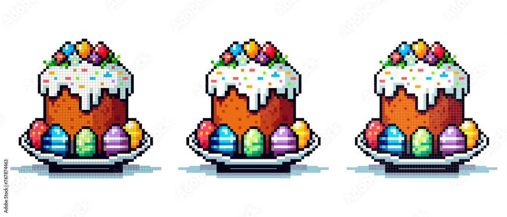 Obraz premium pixel icon with Easter cake on a large plate, around it are multi-colored painted eggs on a white background, Easter holiday