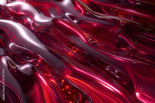 abstract 3D background in the form of transparent red waves, texture of liquid glass or plastic, red iridescent shiny waves