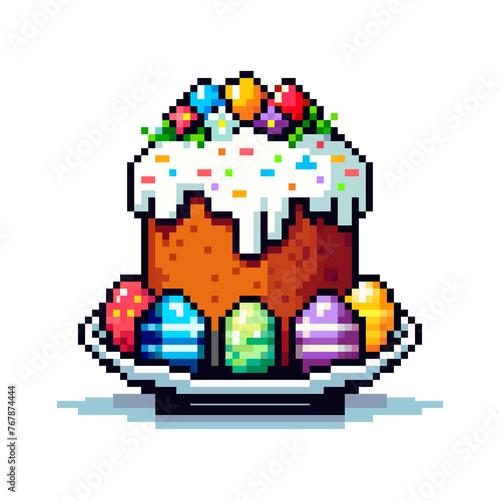 pixel icon with Easter cake on a large plate, around it are multi-colored painted eggs on a white background, Easter holiday © Maryna