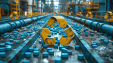 conveyor at a plant for processing and sorting waste for new use, symbol of recycling on the line, technologies that help to save the environment