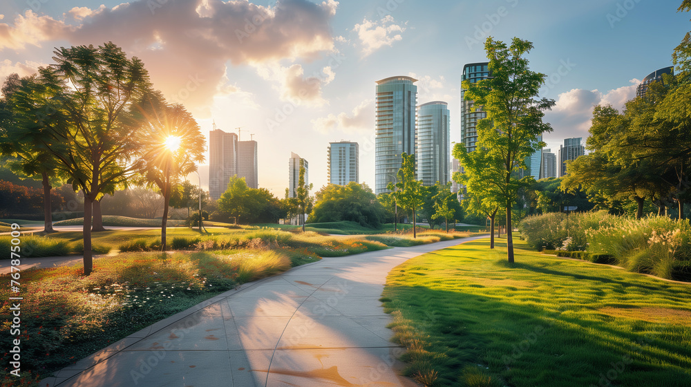 a pedestrian path in a well-kept green city park, where the skyscrapers of the city and a beautiful sky with clouds can be seen in the background a pedestrian path in a well-kept green city park, where the skyscrapers of the city and a beautiful sky with clouds can be seen in the background