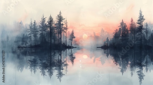 Tranquil Forest Lake Reflections at Dawn in Muted Tones