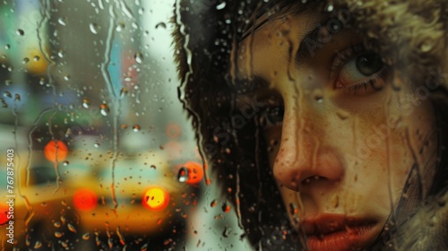 Sad young woman and a rain drops on glass. Rainy day in the city