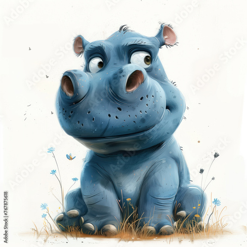 Cute Funny Cartoon Hippo, Illustration for Children Book, Generative AI