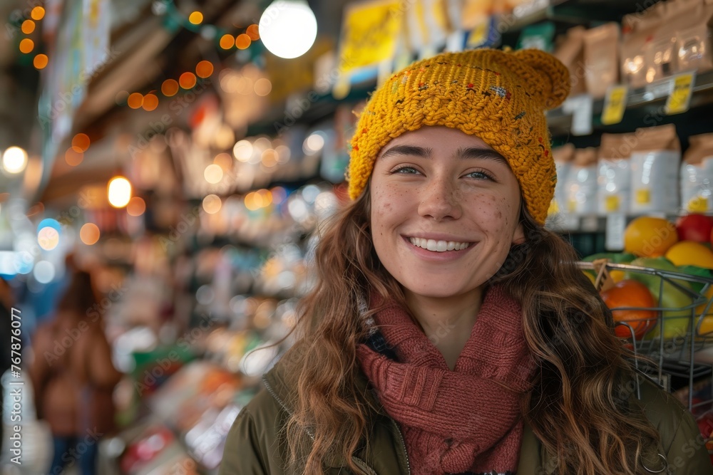 Close-up portrait of a happy female customer in a supermarket near the shelves with goods. Young smiling Caucasian woman shopping in a store. Consumerism concept. Close-up portrait of a happy female customer in a supermarket near the shelves with goods. Young smiling Caucasian woman shopping in a store. Consumerism concept.