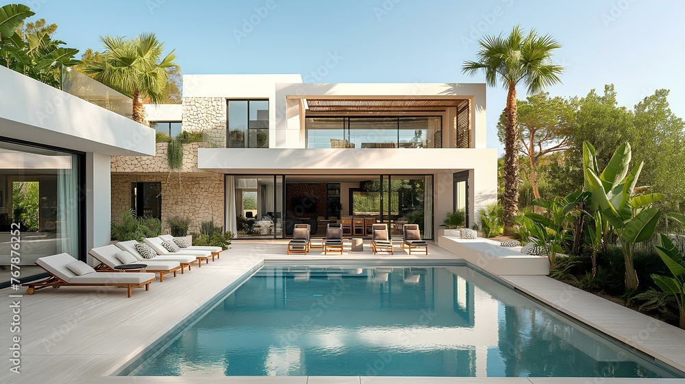 a modern minimalist villa in mediterranean coast, infinity pool with sunbeds in front of the villa, palm trees and plants in the garden, the exterior of light neutral stone, generative AI