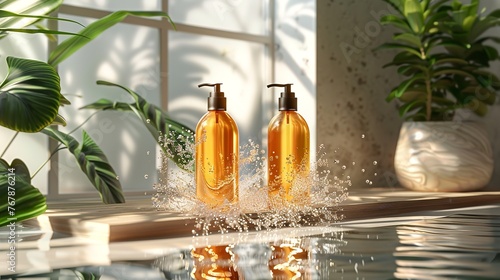 A vase of vibrant flowers and a bottle of shampoo or serum are displayed on a bathroom shelf against a blurry background of the bathroom layout, Generative AI.