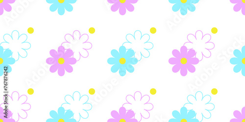 Pink and blue flowers isolated on a white background. Cute baby seamless pattern. Flat design. Background for cover, textile, decor. 
