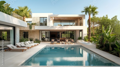 a modern minimalist villa in mediterranean coast, infinity pool with sunbeds in front of the villa, palm trees and plants in the garden, the exterior of light neutral stone, generative AI © yj