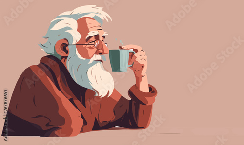 old man drinking coffee vector flat isolated illustration