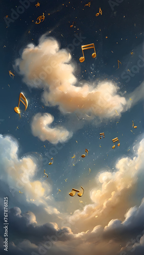 Musical notes in the sunlight above the blue sky