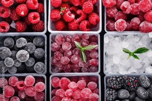 Variety of frozen berries in separate containers displayed from above, vibrant and colorful. Assorted Frozen Berries in Containers