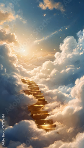 A staircase in the sky that shines above the clouds at sunset.