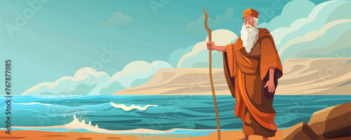 Moses separate sea for passover holiday over nigt background, flat design vector