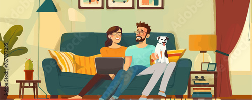 Couple chill dog love home lifestyle dwelling laptop leisure