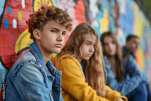 Teenagers leaning against a colorful graffiti wall looking thoughtful © alexandr