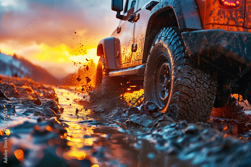 4x4 SUV in off-road adventure outdoors in nature in summer in the mountains at sunset. Dirty wheel 4x4 SUV in off-road adventure outdoors in nature in summer in the mountains at sunset. Dirty wheel