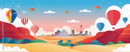 spring background in cartoon style. Pink and purple sakura, cherry, magnolia in bloom. Asian horizontal landscape with lake, hills, trees and flowers. Banner with copy space.