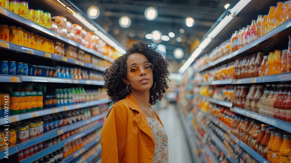An african american woman in supermarket.