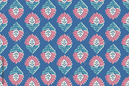 floral ethnic ikat seamless pattern traditional design for background, carpet, wallpaper, clothing, wrapping, fabric, vector illustration, embroidery style, Ajrakh, block print, batik print allovers photo