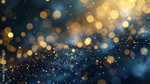 Golden light shine particles bokeh on navy blue background. Holiday. Abstract background with Dark blue and gold particle, shine, bright, sparkle, magical, glittering, texture, effect, space