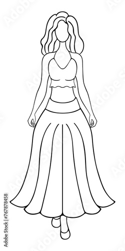 Fashionable young woman. Sketch. Vector illustration. Lady in a short top with one strap around the neck and a fluffy long skirt with a belt. Doodle style. Girl with wavy hair. 