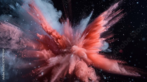 red and white explosion of dust and debris. The red and white colors are vibrant and eye-catching, creating a sense of energy and excitement. The image is dynamic and full of movement, as the dust