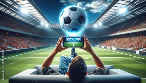 Man Enjoys Football on Phone in Soccer Field