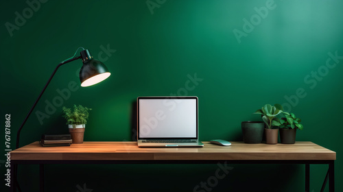 Home office. Stylish modern minimalistic home work desk with laptop and lamp, chair and plants. Big empty emerald green wall for copy space. © Юлия Блажук
