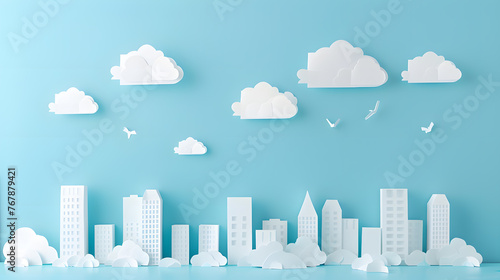 White paper craft cityscape flat ground  small white clouds in sky on soft pale blue background