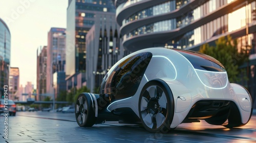 Concept of a self-driving car cruising on urban roads amidst modern skyscrapers, showcasing innovation and future transportation technology. photo