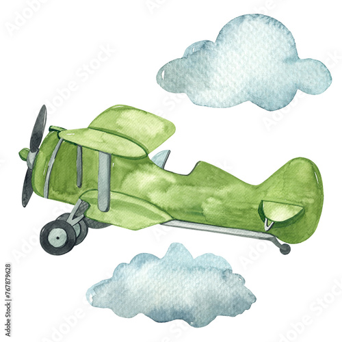 Watercolor military aircraft, air transport with clouds for boys' cards © MarinaErmakova