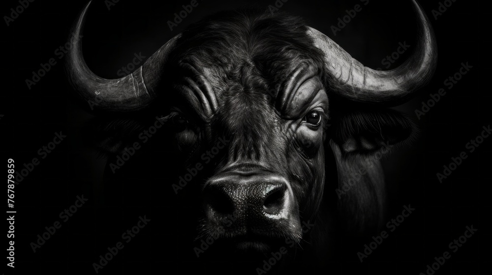 Naklejka premium A black bull with horns is staring at the camera