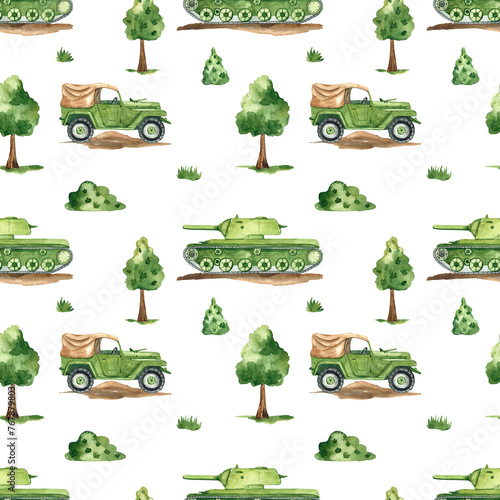 Watercolor seamless pattern with military equipment, tank, car, military transport, trees, bushes, military print on a white background © MarinaErmakova