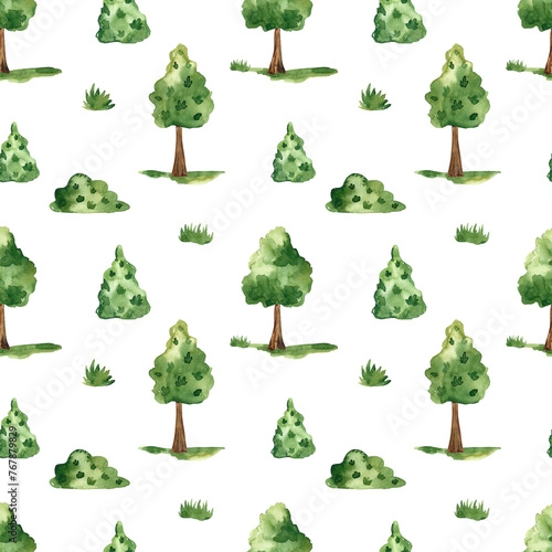 Watercolor seamless pattern with trees, bushes, grass, park texture, green print on a white background