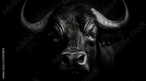 A black bull with horns is staring at the camera