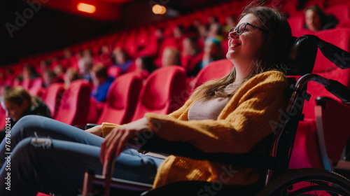 Woman in wheelchair watching movie at cinema