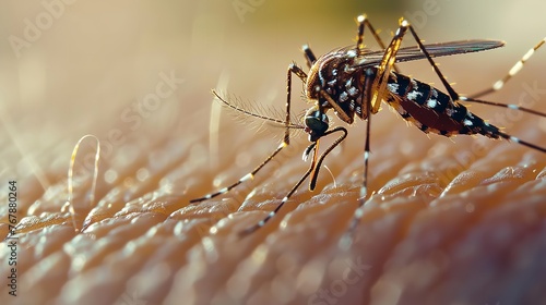 Aedes mosquito in closeup drawing blood from human skin with text space and a hazy background with space for text, Generative AI.