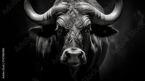 A bull with horns is staring at the camera