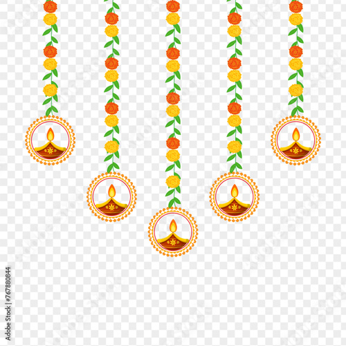 Floral dangler with diya on transparent background