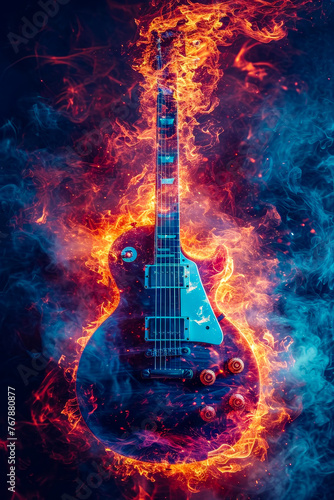 Electric guitar is depicted in blue and flamey background creating appealing visual effect. photo