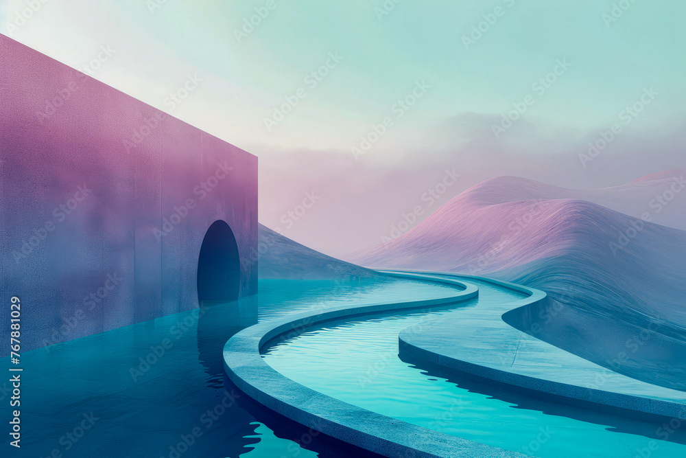 Blue and pink colored landscape with body of water that has tunnel like structure at its end.